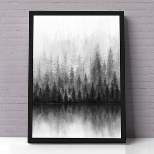 May include: Black and white watercolor painting of a forest with trees reflected in a still body of water.