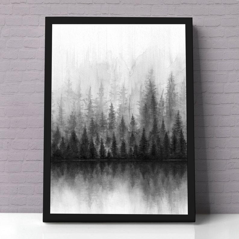 May include: Black and white watercolor painting of a forest with trees reflected in a still body of water.