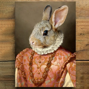 Retrato vintage de conejo renacentista, pintura animal pared arte impresión - Royal Regal Bunny princesa pintura estilo retrato