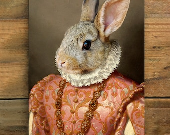 May include: A brown rabbit wearing a pink and gold patterned dress with a white lace collar and a gold beaded necklace. The rabbit is looking to the left of the image.
