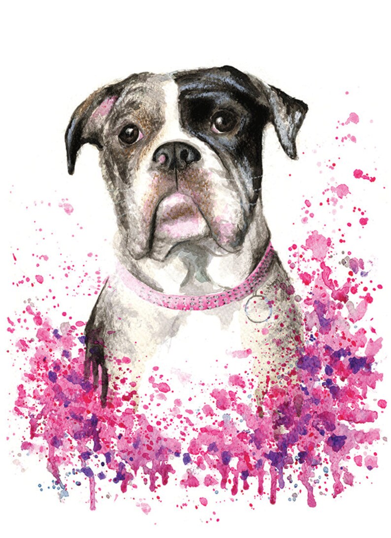 May include: A watercolor painting of a white and black bulldog with pink accents. The dog is wearing a pink collar with rhinestones. The background is a pink and purple watercolor splatter.