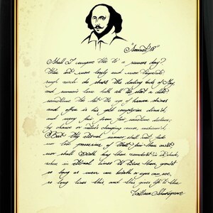 William Shakespeare love poem Sonnet 18 print illustration artwork handwritten vintage  literature poetry lovers gift