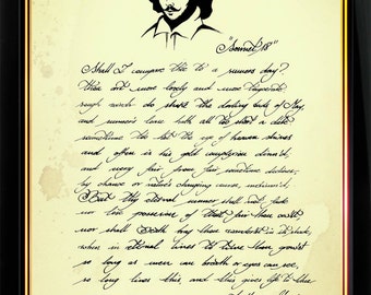 William Shakespeare love poem Sonnet 18 print illustration artwork handwritten vintage literature poetry lovers gift