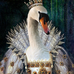 DIGITAL FILE Renaissance Swan Vintage Portrait, Animal Painting Wall Art Print - Royal Regal bird Queen Painting Style