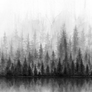 May include: A black and white watercolor painting of a forest reflected in a still lake. The trees are tall and slender, and the water is smooth and calm. The painting is a minimalist depiction of nature, with a focus on the beauty of the forest and the lake.