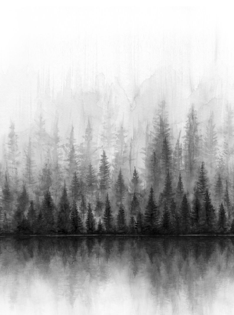 May include: A black and white watercolor painting of a forest reflected in a still lake. The trees are tall and slender, and the water is smooth and calm. The painting is a minimalist depiction of nature, with a focus on the beauty of the forest and the lake.
