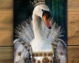 Renaissance Swan Vintage Portrait, Animal Painting Wall Art Print - Royal Regal Swan Queen Painting Style Portrait