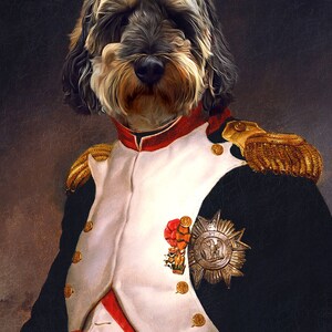 May include: A portrait of a dog dressed as a military officer. The dog is wearing a white and black uniform with gold trim and a red sash. The dog has a serious expression on its face and is looking directly at the viewer.