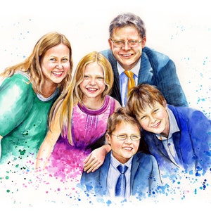 Personalised family, children or couple colourful portrait illustration made with watercolours pencils and pastels