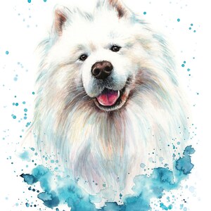 May include: A watercolor painting of a white Samoyed dog with a blue watercolor background. The dog is smiling and has its tongue sticking out.