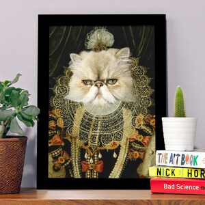 May include: A portrait of a white Persian cat dressed in a gold and black lace collar and a pearl necklace. The cat has a serious expression and is wearing a crown.