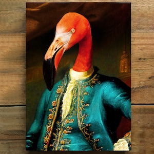 Renaissance Flamingo Vintage Portrait, Animal Painting Wall Art Print - Royal Regal Flamingo bird Military Painting Style Victorian Portrait