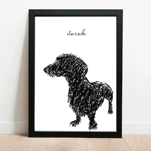 Puede incluir: Ilustración en blanco y negro de un perro salchicha con el nombre "derek" escrito arriba.