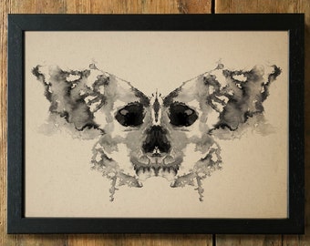 Rorschach Test Style Butterfly Skull Monochrome abstract Print  dark art, cabinet of curiosities, Memento Mori I