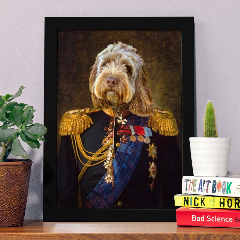 May include: A portrait of a dog dressed in a military uniform with gold trim and medals. The dog is wearing a blue sash and has a serious expression on its face. The background is a dark brown color.