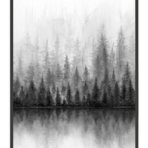 May include: A black and white watercolor painting of a forest reflected in a still lake. The trees are silhouetted against a misty background, creating a sense of depth and mystery.