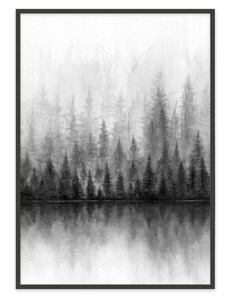 May include: A black and white watercolor painting of a forest reflected in a still lake. The trees are silhouetted against a misty background, creating a sense of depth and mystery.