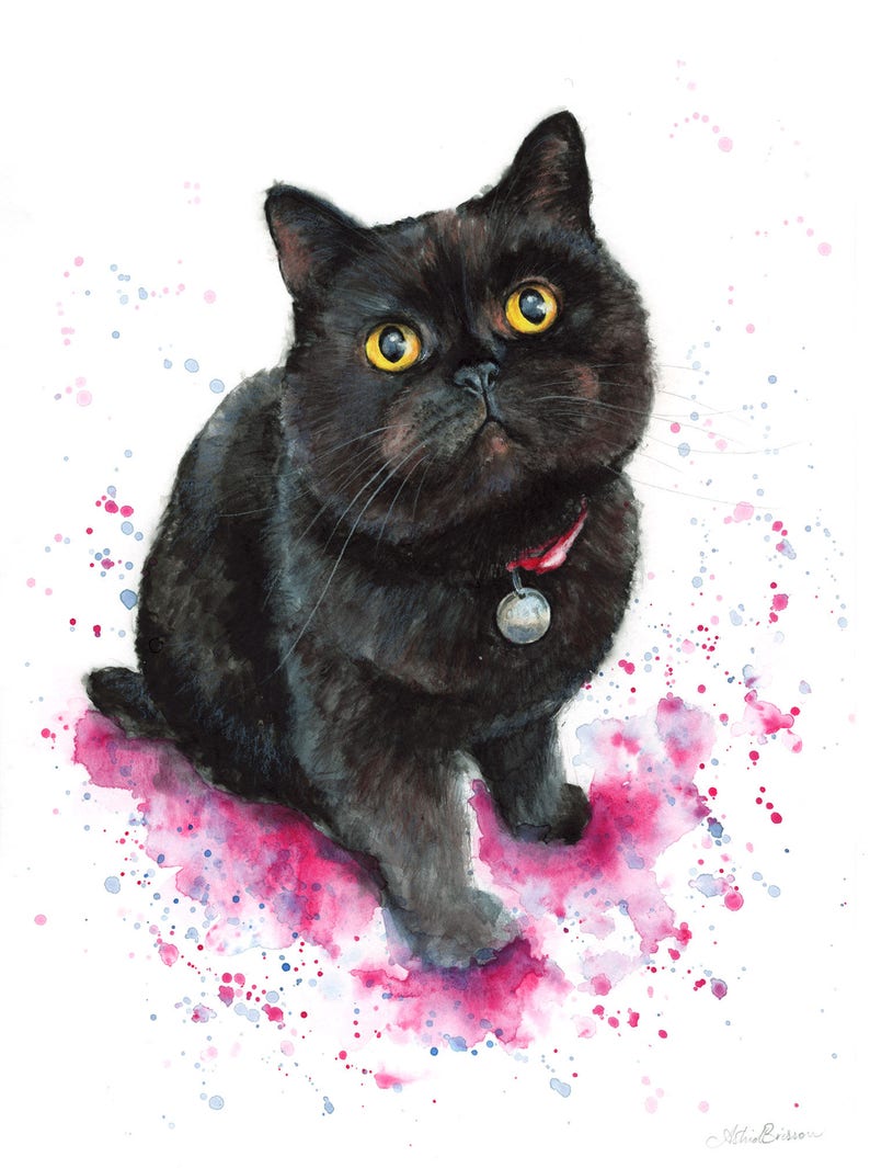 May include: A black cat with yellow eyes sits on a pink and blue watercolor background. The cat is wearing a red collar with a silver tag.