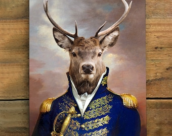 Renaissance Stag Vintage Portrait, Animal Painting Wall Art Print - Royal Regal Deer Military Painting Victorian Style Portrait