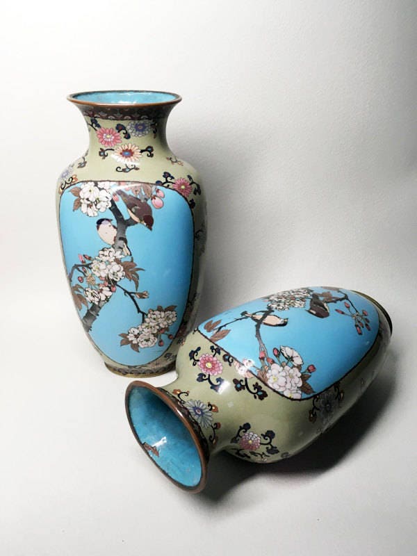 Pair Of Antique Japanese Enameled Metal Vases Meiji Era Birds