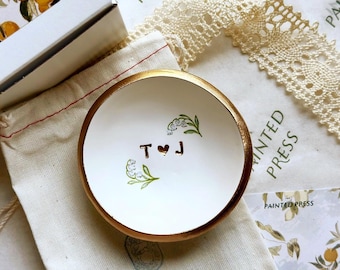 Engagement Gift for Couples - Personalized Ring Dish | Custom Wedding Keepsake | Handmade Jewelry Tray | Lily of the Valley