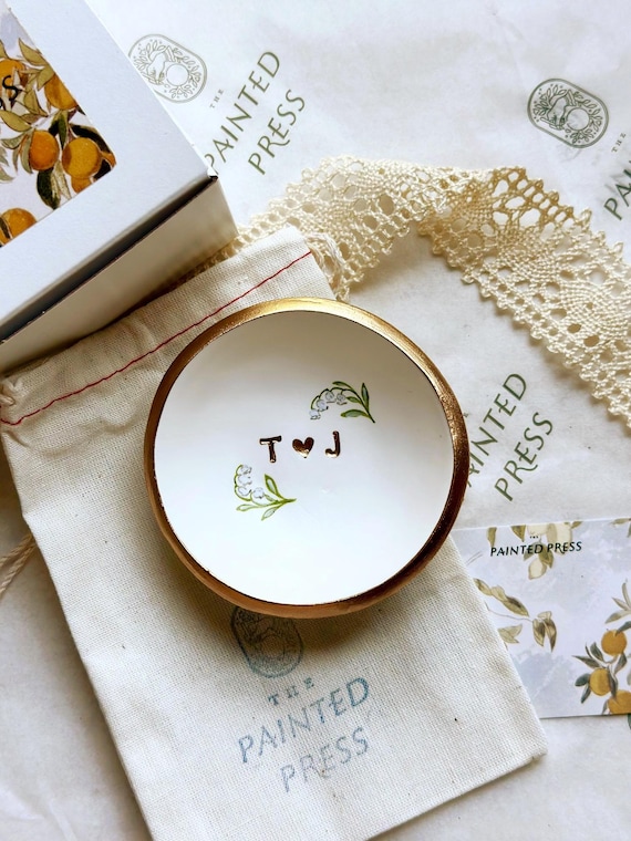 Engagement Gift for Couples - Personalized Ring Dish | Custom Wedding Keepsake | Handmade Jewelry Tray | Lily of the Valley