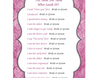 He Said She Said Wedding Shower Game Card - Pink Bridal Shower Game - Printable Damask - Games For Bridal Shower INSTANT DOWNLOAD 383