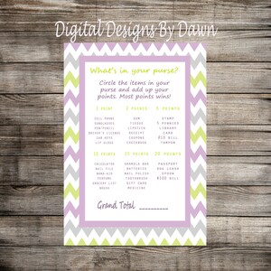 Purse Baby Shower Game, What&#39;s In Your Purse Game, Baby Boy, Baby Girl Purple Blue Green Printable INSTANT DOWNLOAD BSG173