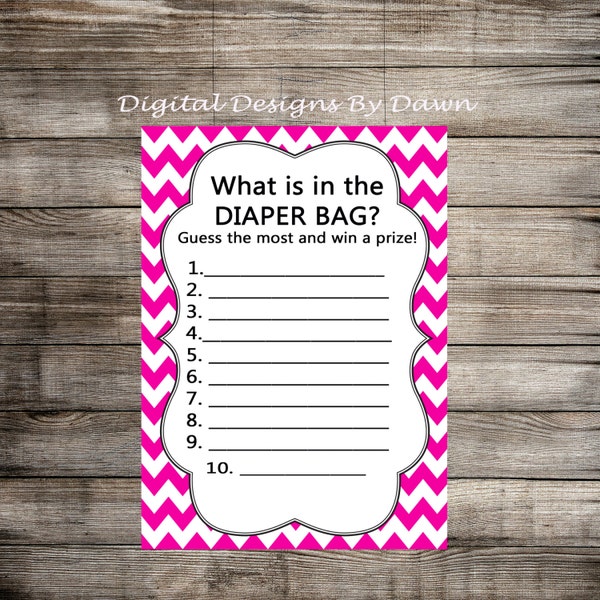 Girl Baby Shower Games, Pink Baby Shower, Chevron Diaper Bag Game, Chevron Baby Shower, What's In Your Diaper, INSTANT DOWNLOAD BSG104
