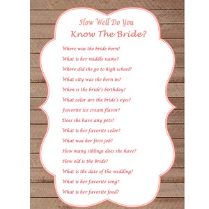 Bridal Shower Game, Wedding Shower Game, How Well Do You Know The Bride, Rustic Wedding Printable Game, Party Printable INSTANT DOWNLOAD 327