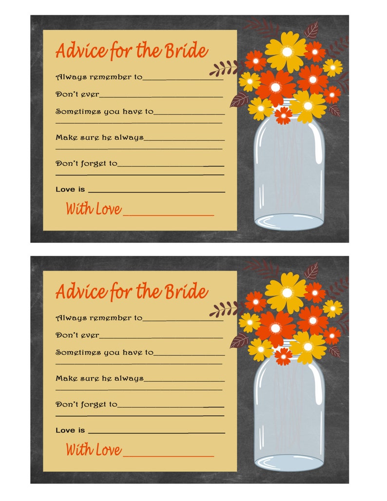 Printable Wedding Advice Card, Fall Advice Bride, Bridal Shower Advice, Wedding Shower Well Wishes, Orange, Yellow INSTANT DOWNLOAD 312 image 2