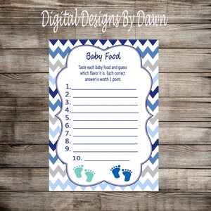 Baby Essen Baby Shower Spiel, Junge Baby Shower, Name, dass Baby Essen Spiel, Guess the Baby Food, Blau Grau Chevron INSTANT DOWNLOAD BSG224