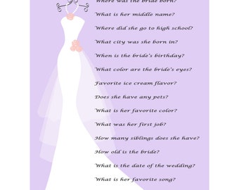 Printable Wedding Shower Game, Digital Bridal Shower Game, How Well Know Bride, Bridal Gown Dress Purple Know The Bride, Wedding Trivia  369