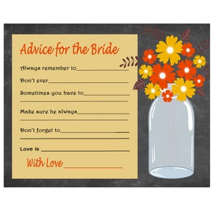 Printable Wedding Advice Card, Fall Advice Bride, Bridal Shower Advice, Wedding Shower Well Wishes, Orange, Yellow INSTANT DOWNLOAD 312 image 1