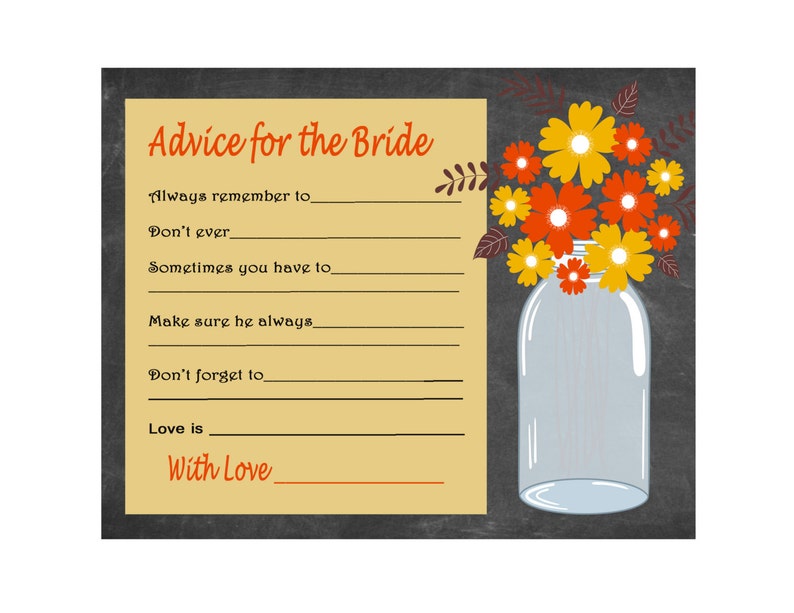 Printable Wedding Advice Card, Fall Advice Bride, Bridal Shower Advice, Wedding Shower Well Wishes, Orange, Yellow INSTANT DOWNLOAD 312 image 1