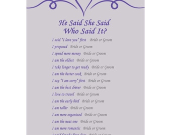 He Said She Said Game - Games For Bridal Shower - Wedding Shower Printable - Bride or Groom Game - Bridal Shower Game Printable 422