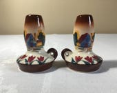Ceramic Salt Pepper Shaker Set Oil Lamp Lanter Shaped Hand Painted Tulips-Cottage Scene, Vintage Mid-Century Made in Japan, Collectible