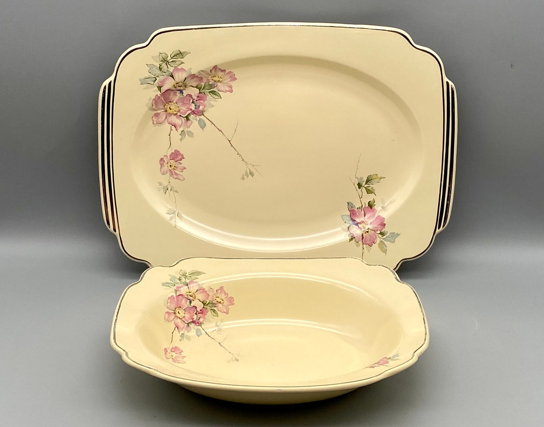Homer Laughlin Briar Rose Pattern Century Shape Platter & Serving Bowl
