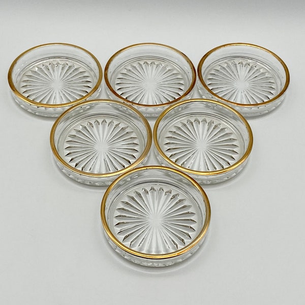 Vintage Coaster Set of 6, Clear Pressed Pattern Glass Star Design Gold Gilt Rims, Possibly Jeannette Glass Depression Era, 3 1/4", No Damage