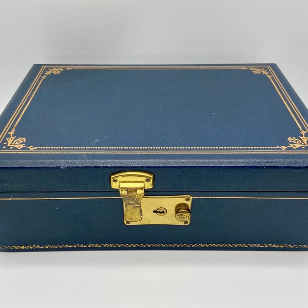 Vintage Mele Type Leatherette Covered Jewelry Box with louvered shelf and hidden compartment, Navy Blue with Gold Tone Border and Design