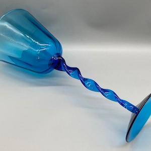 Aqua/Blue Empoli Glass Compote Large 14 3/4&quot; tall, ribbed optic twisted stem, Very Pretty Mid-Century Glass Popular Collectible, no damage