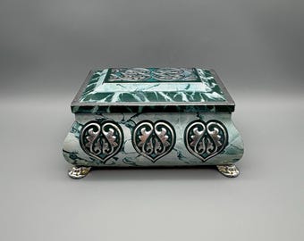 Vintage Tin Fricke & Nacke West Germany Faux Green Marble Design with Silver Accents and Feet Multipurpose Decorative Storage