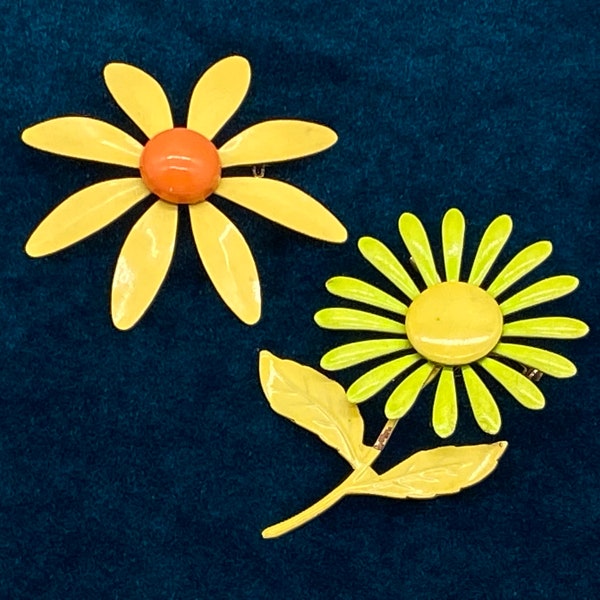 Daisy Brooches 2 Enameled Copper Yellow, Orange, Chartreuse, Mid-Century 1960's Bright Colored Large Daisies, 3" x 2", Wearable Crafting