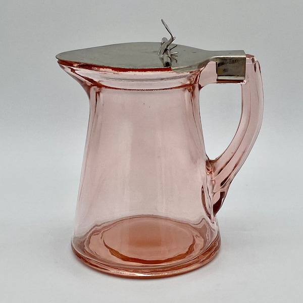 Pink Depression Glass Syrup Pitcher with Stainless Steel Lid, PAT Date Nov 1914, Unbranded Antique 1920s era, Very Good Condition, Unusual