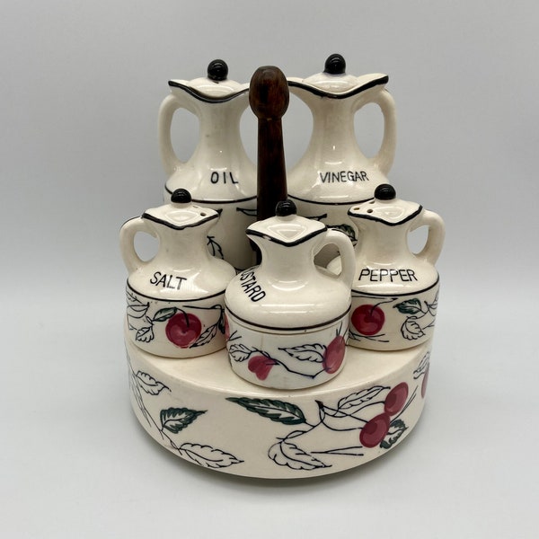 NASCO Japan Cherry Pattern/Design Condiment Set- V & O Cruets, Salt Pepper Shakers, Mustard Pot Complete Set, MCM Kitchen Dining, As Is-Read