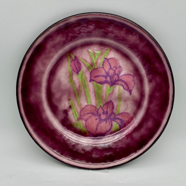 BEAUTIFUL Purple Iris Flower Enameled Copper Plate Dish 8 3/4", Vintage Handcrafted Enamels By New Moon of Santa Cruz CA, No Damage