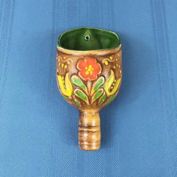 Vintage Maurice California Pottery Wall Pocket, Brown Scoop Dutch Floral Design, Spring Kitchen Decor 1950's, Yellow Orange Floral Design