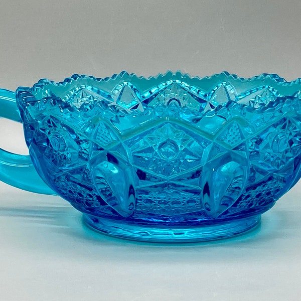 LE Smith Quintec Aqua Blue Glass Handled Nappy 5 1/2" size, Nut Candy Multipurpose Dish, Vintage circa 1960s-90s, No Damage