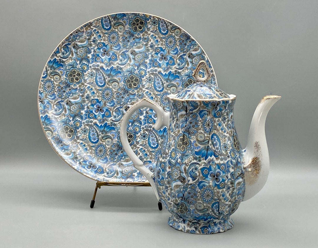 Norcrest Japan Blue Floral Paisley Pattern China Teapot and Cookie