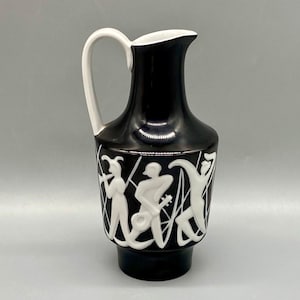 Vintage Weiss Kühnert & Co Gräfenthal East Germany Porcelain Ewer/Vase Very Unique Black with White Slip Glaze Jester Type Figures Design